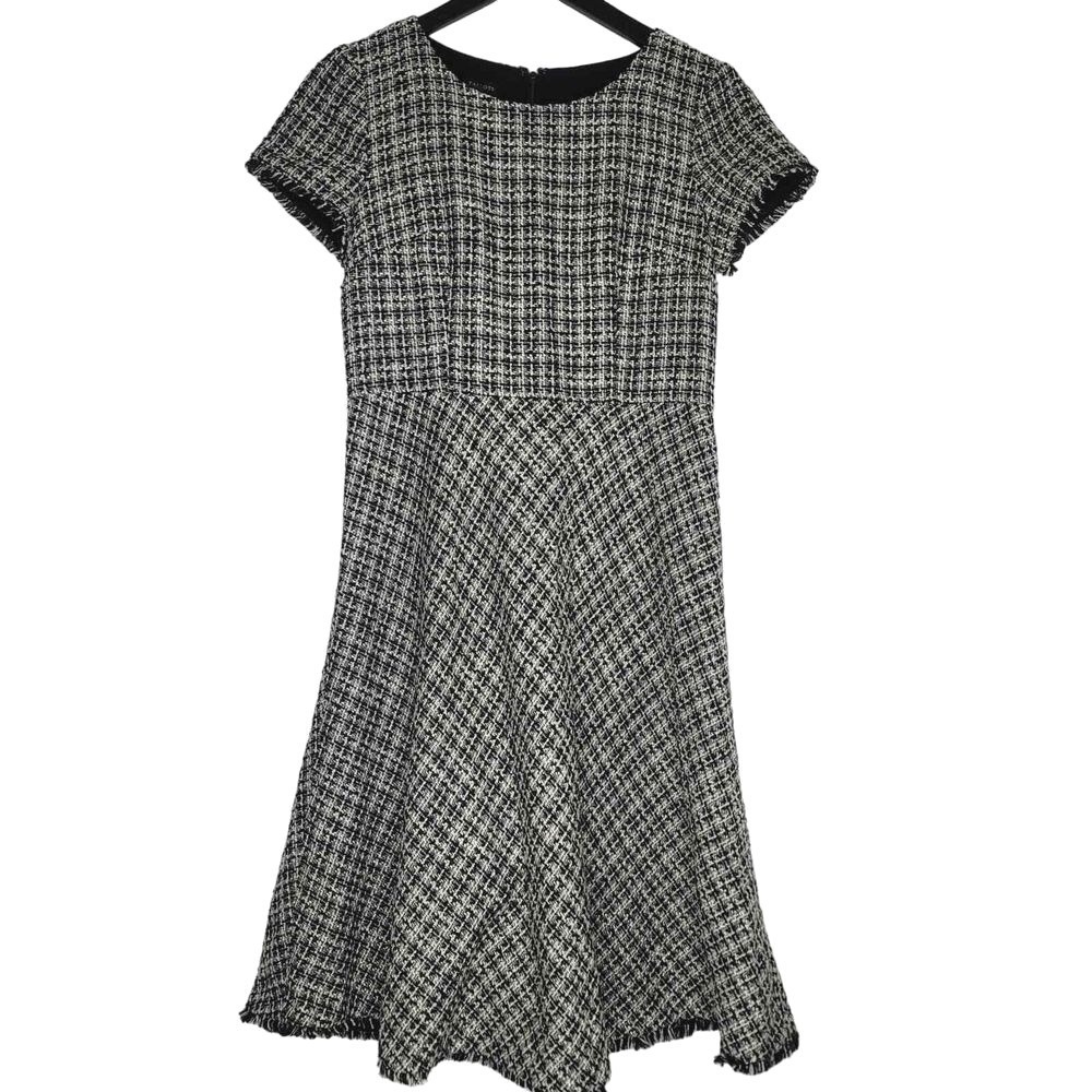 Talbots Tweed Dress Classic Preppy Black Cream Metallic Short Sleeve Fringe 2